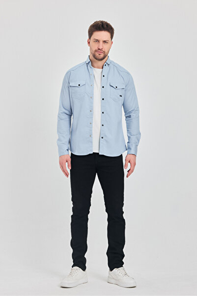 YXC Trend Maker Erkek Gömlek Slim Fit Erkek Buz Mavi Kot Gömlek