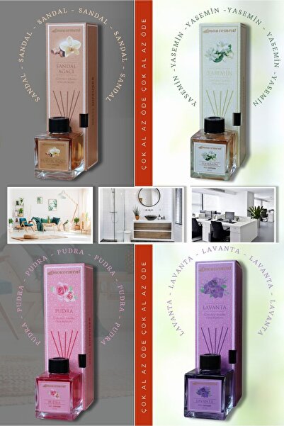 MOUVEMENT 4'Lü Çubuklu 100 ml Oda Kokusu Seti Çok Al Az Öde (Sandal Yasemin Pudra Lavanta) Reed Diffuser