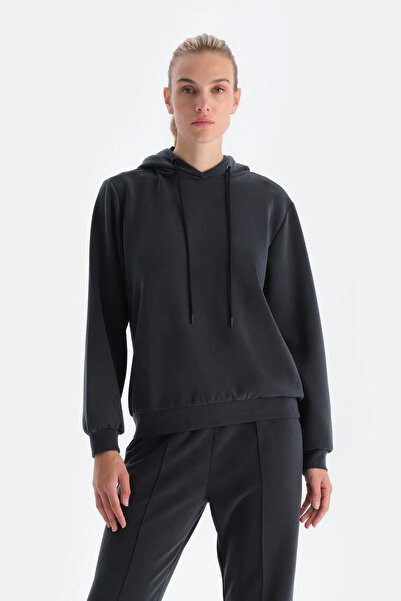 Dagi Siyah Uzun Kollu Kapüşonlu Basıc Modal Sweatshırt