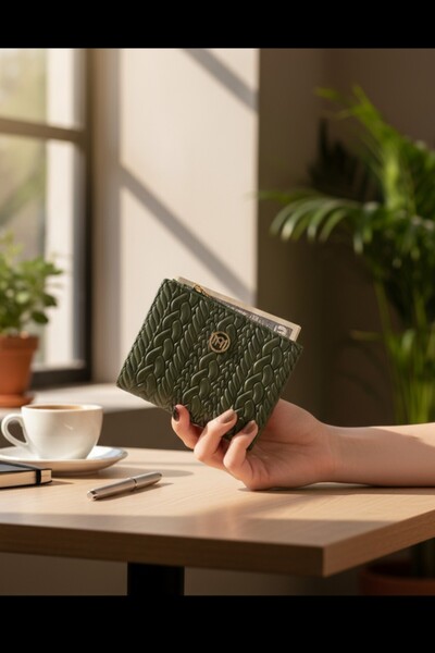 Classbag Kadın Yeşil Dokuma Desenli Kare Rugan Cüzdan