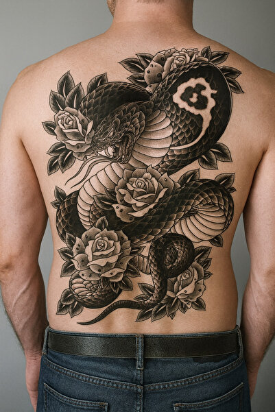 TAKIŞTIR Geçici Yılan ve Gül Modelli Sırt Dövme Tattoo