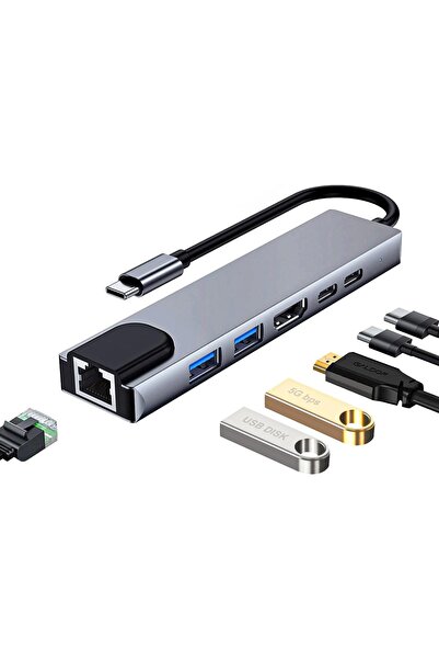 Timebox Hub USB 6 în 1 2 x Tip-C Ethernet USB 3.0 USB 2.0 HDMI 4K 5 Gbps Aluminiu