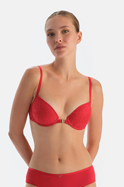 Dagi Red Back Detailed Front Open Lace Semi-Padded Bra
