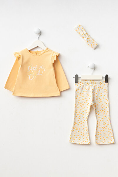 Minipodyum Baby Girl Bottom Top Set with Ruffled Shoulder Bandana and Floral Printed Leggings