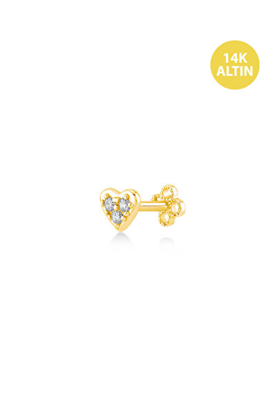 KURSHUNI Taşlı Mini Kalp, 14 Ayar Altın Kıkırdak Küpe/Piercing (TEK Satılır) Bar Uzunluğu:6,5 mm