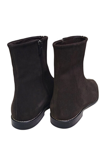 DRY SHOES Hakiki Deri Kahve Süet Kadın Bot Ayakkabı Sivri Burun Düz Taban Fermuarlı Önden Dikişli DRY-2121