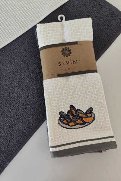Sevim Set of 2 Embroidered Kitchen Towels - 100% Cotton Mussel Patterned - 40X60 cm - Anthracite