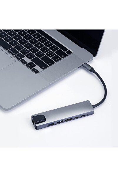 Timebox Hub USB 6 în 1 2 x Tip-C Ethernet USB 3.0 USB 2.0 HDMI 4K 5 Gbps Aluminiu