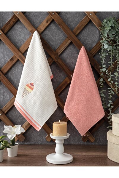 Sevim Salmon Color 2-piece Kitchen Towel - Ice Cream Embroidered