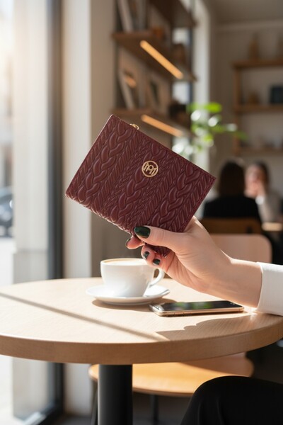 Classbag Kadın Bordo Dokuma Desenli Kare Rugan Cüzdan