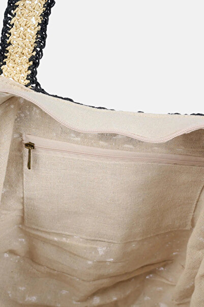 Dagi Εκρού-Μαύρη Γυναικεία Πλεκτή Τσάντα Παραλίας Ethnic Pattern