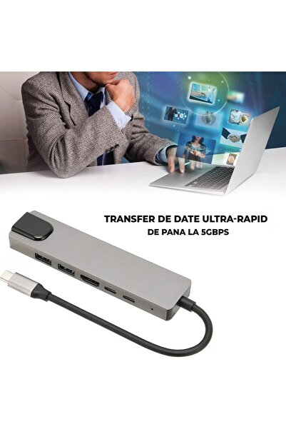 Timebox Hub USB 6 în 1 2 x Tip-C Ethernet USB 3.0 USB 2.0 HDMI 4K 5 Gbps Aluminiu