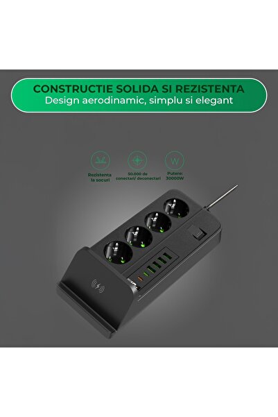 Timebox standard socket with switch 3000W 4 x USB 2 Type-C sockets Wireless phone station 2m Blac
