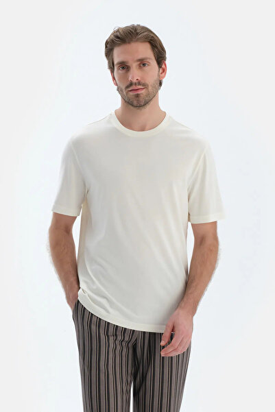 Dagi Ekru Kısa Kollu Bisiklet Yaka Penye Modal Tişört