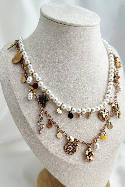 Modex Pearl Row Multi-Layer Gold Figured Charm Design Necklace
