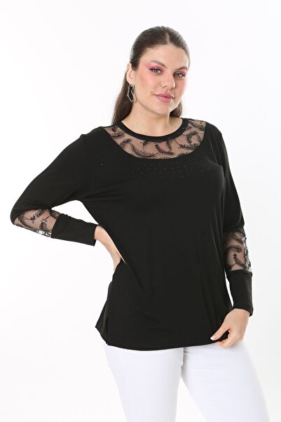 Şans Women's Plus Size Black Jewelled and Sequin Sequin Tulle Detailed Long Sleeve Blouse 65N37693