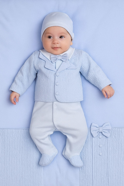 Naka Concept Mavi Erkek Bebek 3’lü Hastane Çıkış Seti – Ceket Görünümlü Tulum, Şapka ve Battaniye – %100 Pamuk