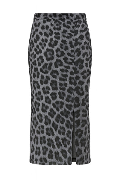 Mixray 4615 Kadın Yırtmaçlı Leopar Desen Kalem Etek Antrasit
