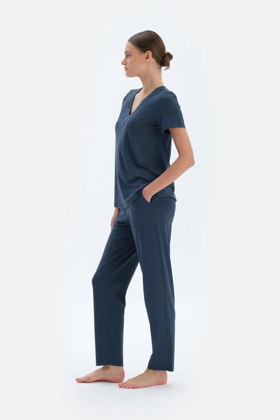 Dagi Indigo V Yaka Viskon Tişört Pantolon Pijama Takımı