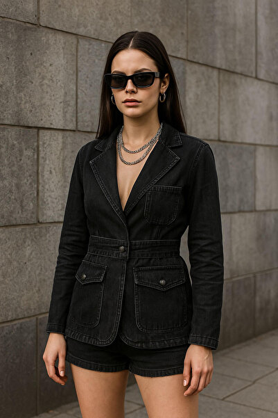 BANNY JEANS Kadın Uzun Kollu Tek Düğmeli Jean Ceket Siyah