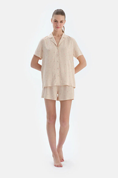 Dagi Ekru Çıtır Çiçek Desenli Dokuma Şort