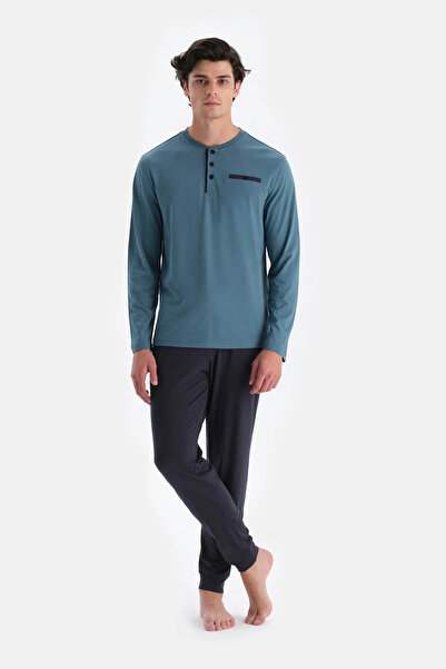 Eros Set de pijamale cu pantaloni de jogging cu mâneci lungi, cu jumătate de plăcuță albastră