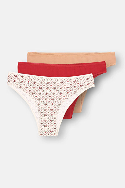 Dagi Ecru-Red-Milk Brown Women's 3-Piece Patterned Brazilian Panties