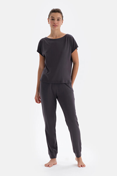 Dagi Anthracite Boat Neck Short Sleeve Knitted Pajama Set