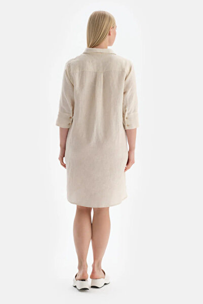 Dagi Ecru Shirt Collar Long Linen Shirt Pareo