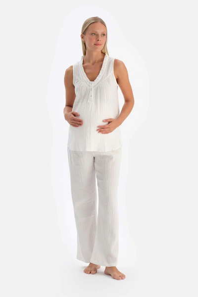 Dagi White Muslin Long Pajama Bottoms for Pregnant Women