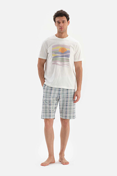 Dagi Σετ πιτζάμας με εμπριμέ λαιμόκοψη Ecru Bis Top καρό κάτω σορτς