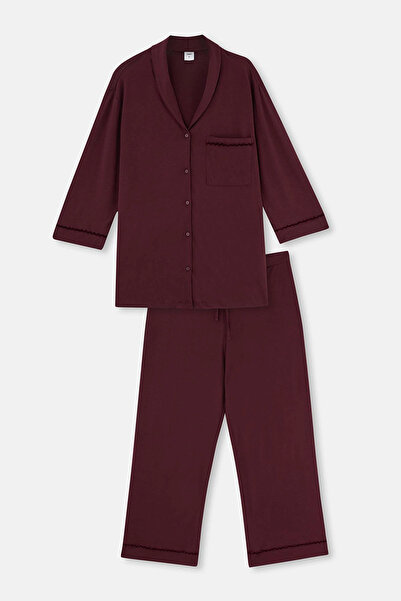 Dagi Bordo Kadife Şerit Detaylı Gömlek Pantolon Pijama Takımı