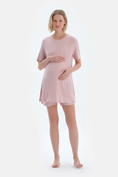 Dagi Açık Pembe Kaşkorse Hamile Tişört Şort Pijama Takımı