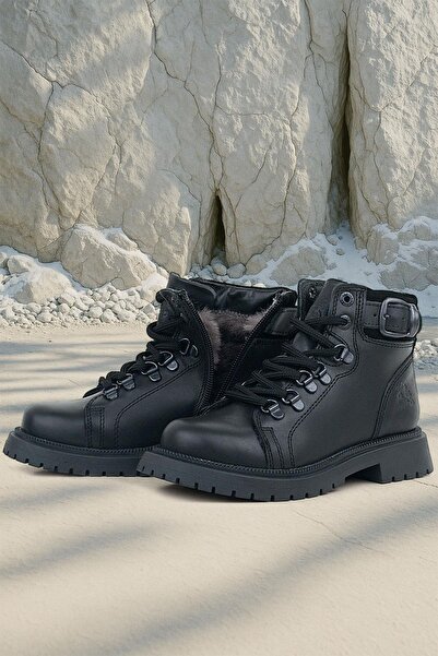 Rakerplus Real Fur Genuine Leather Black Lace Up Zippered Children's Snow Boots