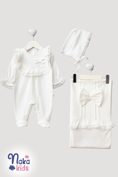 Naka Concept Jacquard Natural Cotton 3 Piece Lace Baby Girl Hospital Discharge Set – Ecru