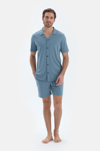 Dagi Mavi Kısa Kollu Cepli Basıc Gömlek Şort Pijama Takımı