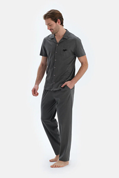 Dagi Gri Kısa Kollu Dikiş Detaylı Gömlek Pantolon Pijama Takımı