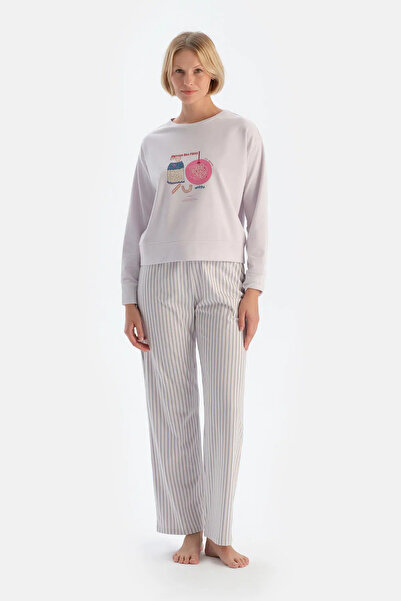 Dagi Açık Lila Baskı Detaylı Uzun Kollu Pijama Takımı