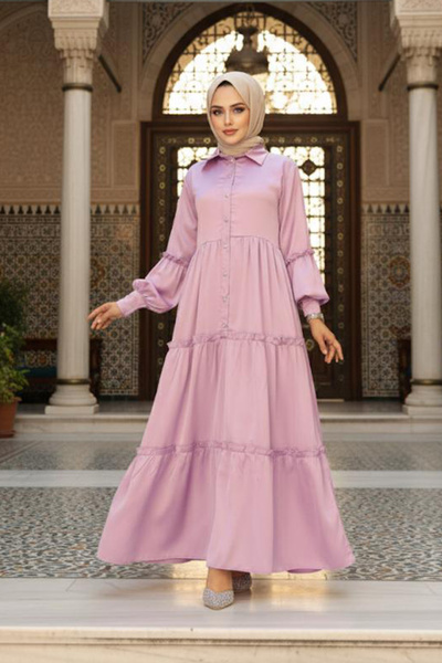 Neva Style Kat Piliseli Lila Tesettür Elbise 5884lıla