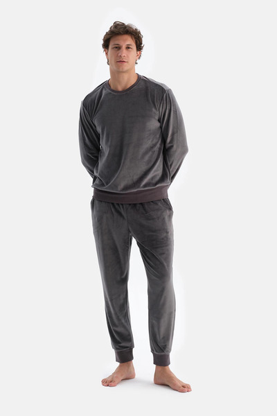 Dagi Antrasıt Bisiklet Yaka Uzun Kollu Tişört Pantolon Pijama Takımı