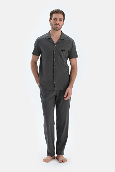 Dagi Gri Kısa Kollu Dikiş Detaylı Gömlek Pantolon Pijama Takımı