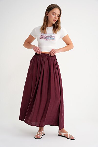 Mixray 4612 Burgundy Women's Skirt - Loose Fitting with Side Pockets and Pleats