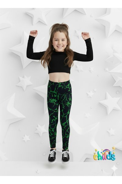 childs Jacquard Lycra Knitted Fabric Winter Black Green Patterned Girls Leggings