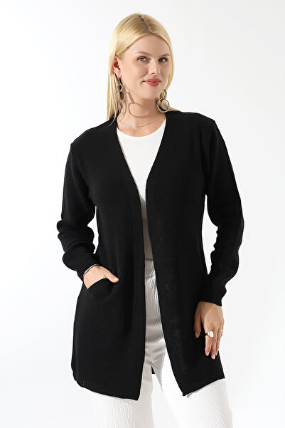 Marvine Cardigan de tricotat negru confortabil pentru femei, cu buzunare