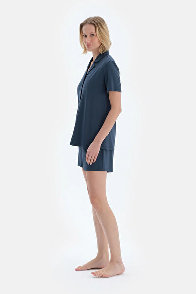 Dagi Lacivert Dokuma Etiket Detaylı Basıc Gömlek Şort Pijama Takımı