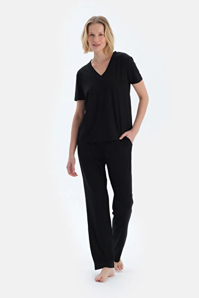 Dagi Black V-Neck Short Sleeve Viscose T-Shirt Pants Pajama Set