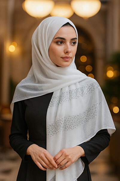 Onur شال - فستان سهرة بلون إكرو مع حجاب، شال حريري لامع مرصع بالأحجار، منتج ع...