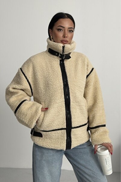 ALFUDO Moda Collection Viral Teddy Plush Beige Biker Jacket