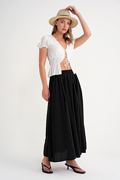 Mixray Black 4612 Model Pleated Loose Skirt - Side Pocket
