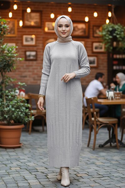 Neva Style Μπεζ Πλεκτό Φόρεμα Hijab - 31230BEJ